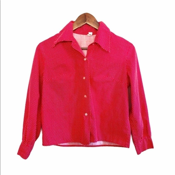Vintage Polka Dot Red White Cropped Button Blouse - Picture 1 of 7